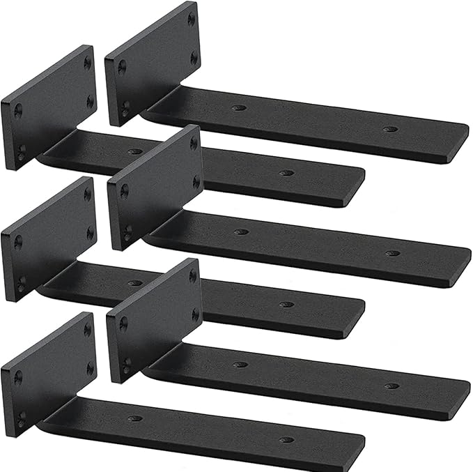 Shelf Brackets Heavy Duty Industrial L Shelf Bracket - 0.2 Inch Thick Premium Solid Steel Shelf Supports, Black Rustic Wall Brackets for Shelves - 10 Inch Floating Shelves Hardware (6Pcs)