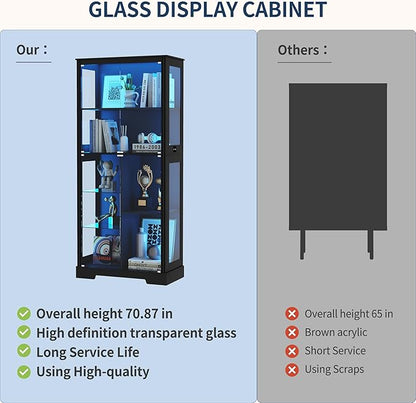HNEBC 71'' Display Cabinet with 5-Tier and 3 Color Lights for Books Toys Liquor,Curio Cabinet with Human Body Bookcases for Bedroom, Living Room,Black