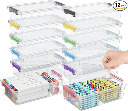 12 Pack Extra Large Pencil Box with Removable Divider, Thickened Pencil Case Bulk, Clear Crayon Marker Organizer Stackable Plastic Small Storage Containers for Pen Craft School Supplies, Multi