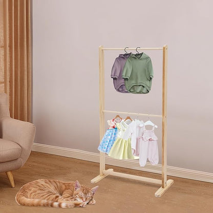 2-Tier Solid Wood Pet Clothing Display Stand, 43.3" Height Natural Log Color Garment Rack for Small Dog Cat Clothes, Adjustable Rod for Towels, Boutique Store & Home Storage Organizer