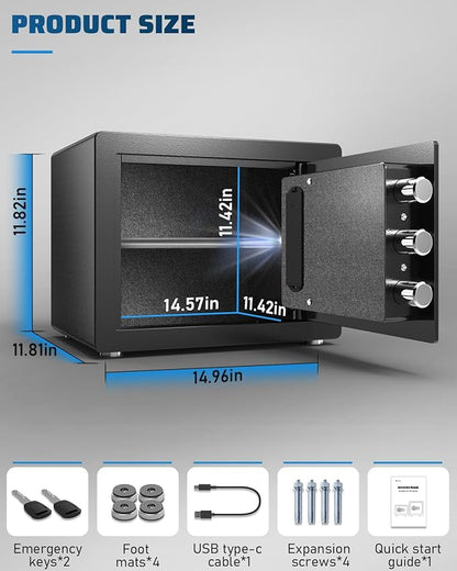 Kavey 1.2 Cub Safe Box, Home Safe with Digital Keypad and Dual Alarm System, Money Safe for With Mute Function and LED Light, Safes for Money Valuables