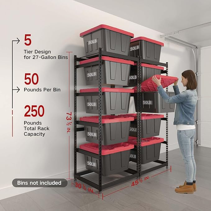 27 Gallon Storage Bin Rack Organizer, Heavy-Duty Tote Storage Rack, 5-Tier Standing Storage Bin Shelves, 250 lb Capacity, Maximize Space for Garage, Warehouse, Utility, 2 Pack (Totes Not Included)