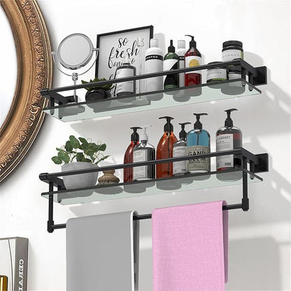 Glass Shelf for Bathroom Wall Sheves 24 inch Rectangular Stainless Steel Tempered Glass Modern Stainless Steel Wall Mount Accessories Organizers Storage (Matte Black)