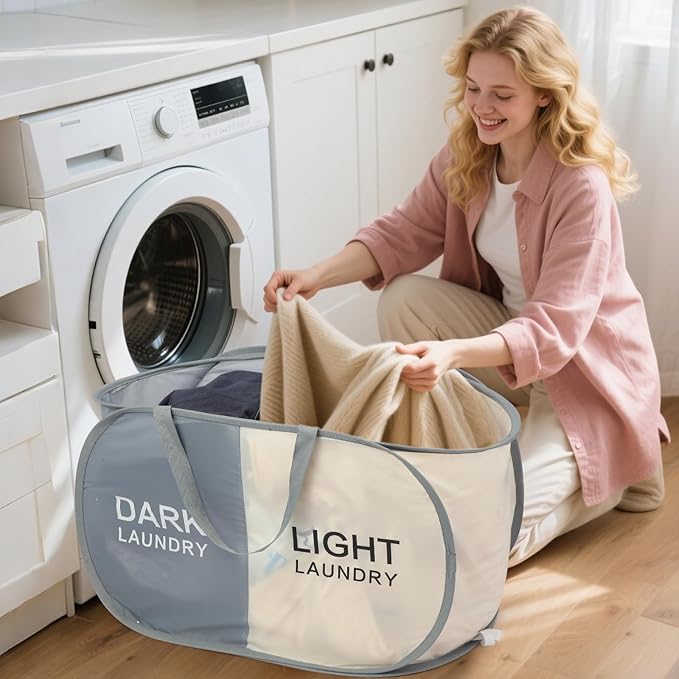 Seefoo 2-Section Collapsible Laundry Baskets, Dual Compartment Foldable Pop Up Hamper with Handles, Dark/Light Labels for Sorting, Compact & Lightweight for Laundry Room, Bedroom, Dorm, Bathroom