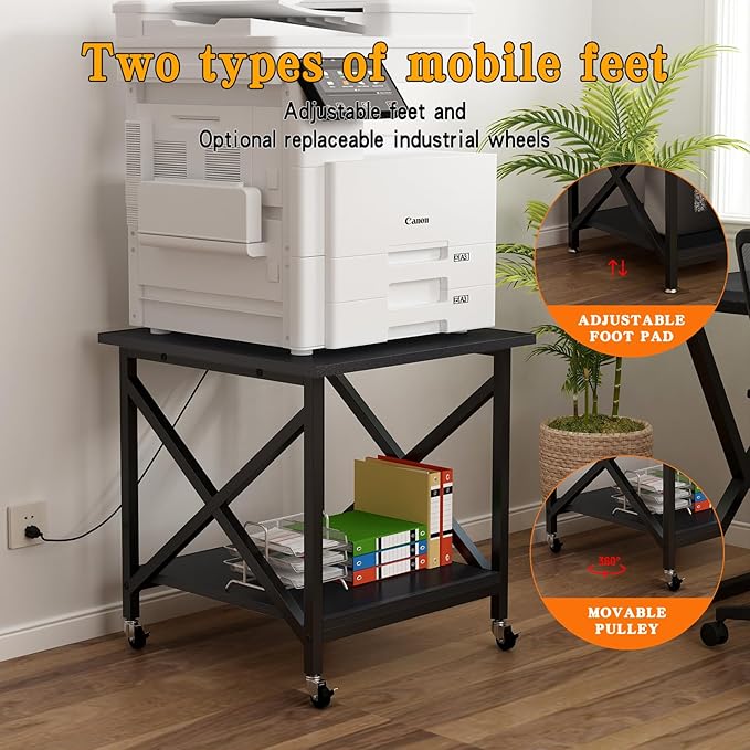 Large Printer Stand with Power Outlet, with Storage Shelf, 2 Tier Rolling Printer Cart with Industrial Wheels, 23.6 x 23.6 Inches Printer Table for Home Office,Black