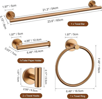 TURS Brushed Rose Gold 5 Piece Bathroom Hardware Set, SUS304 Stainless Steel 23.6 Inch Bath Towel Bar Set, Round Bathroom Accessories Kit Wall Mounted