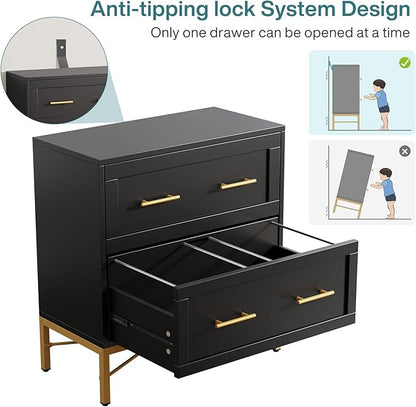 Tribesigns 2 Drawer File Cabinet, Modern Wood Lateral Filing Cabinet for Letter/Legal/A4 Size, Large File Storage Cabinets Printer Stand with Storage for Home Office, Black and Gold