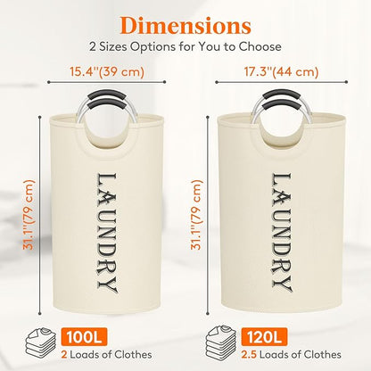 Lifewit 120L 2-Pack Large Laundry Basket, Collapsible Laundry Hamper with Aluminum Handles, Waterproof Freestanding Dirty Clothes Hampers for Laundry Room Bedroom Dorm Bathroom, White