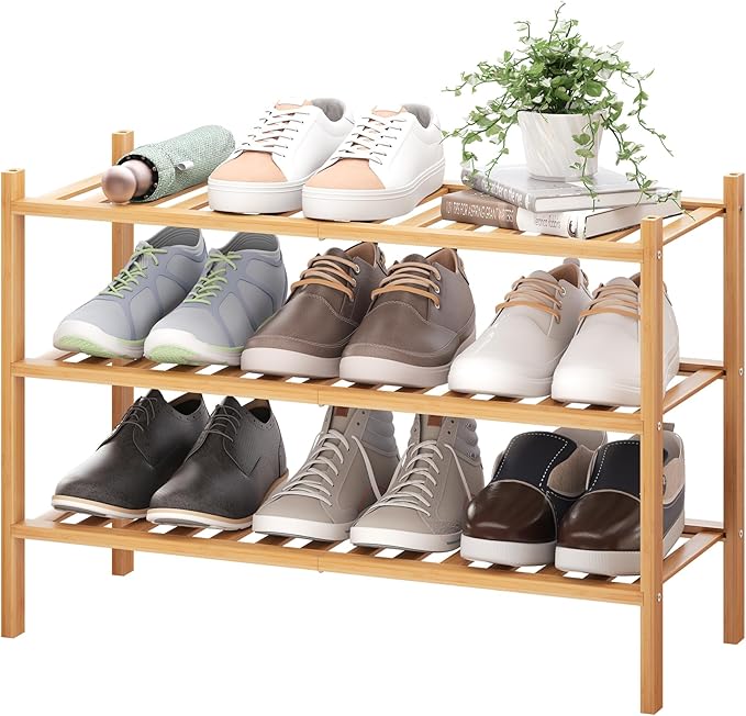 BMOSU 3-Tier Bamboo Shoe Rack Premium Stackable Shoe Shelf Storage Organizer for Hallway Closet Living Room Entryway Organizer (Natural Bamboo)