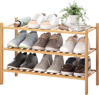 BMOSU 3-Tier Bamboo Shoe Rack Premium Stackable Shoe Shelf Storage Organizer for Hallway Closet Living Room Entryway Organizer (Natural Bamboo)