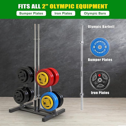SELEWARE Olympic Weight Plate Tree Rack with 8 Weight Pegs & 2 Barbell Holders, Heavy-Duty Steel Gym Storage Organizer with Locking Wheels for 2 Inch Olympic Plates & Bars