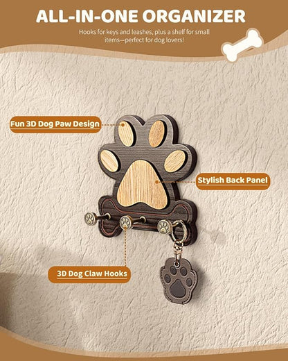 MTERSE Pine Wood Dog Leash Holder for Wall – Adorable Dog Leash Hanger, Key Holder, Coat Rack, and Sunglass Organizer – Rustic Farmhouse Wall Decor for Entryway, Bedroom, or Living Room (Dark Brown)