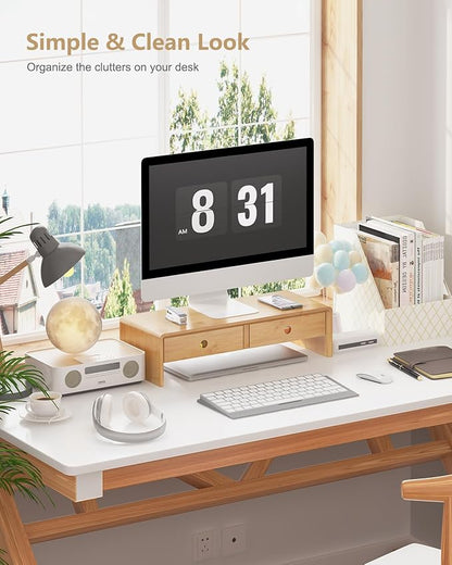 Ufine Bamboo Monitor Stand with 2 Drawers Desktop Organizer Computer Screen Laptop Riser Ergonomic Height for Home Office