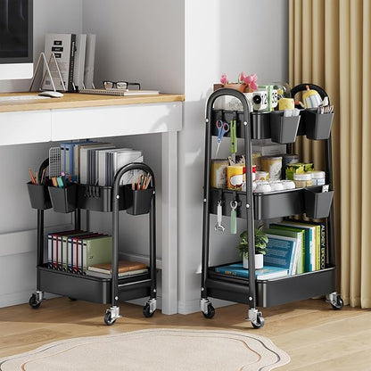 2 Tier Rolling Cart Metal on Wheels, Two Tiered Short Storage Side Table with Wheels, Heavy Duty Under Desk Mobile Trolley, Small Utility Organizer Carts for Craft, Art, Office, Kitchen, Black Basket