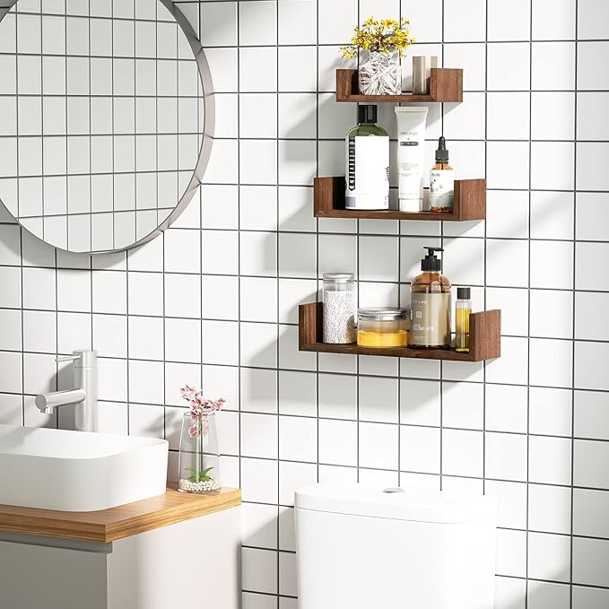 SRIWATANA Floating Shelves Wall Mounted, Solid Wood Wall Shelves Set of 3, Dark Brown…