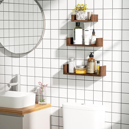 SRIWATANA Floating Shelves Wall Mounted, Solid Wood Wall Shelves Set of 3, Dark Brown…
