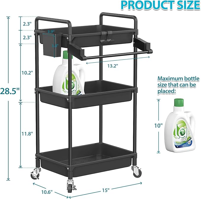 SPACEKEEPER Rolling Storage Cart, 3 Tier Utility Cart Laundry Room Organization Mobile Shelving Unit Bathroom Organizer with Towel Rack, Lockable Wheel, Hooks & Cup for Kitchen Office, Black