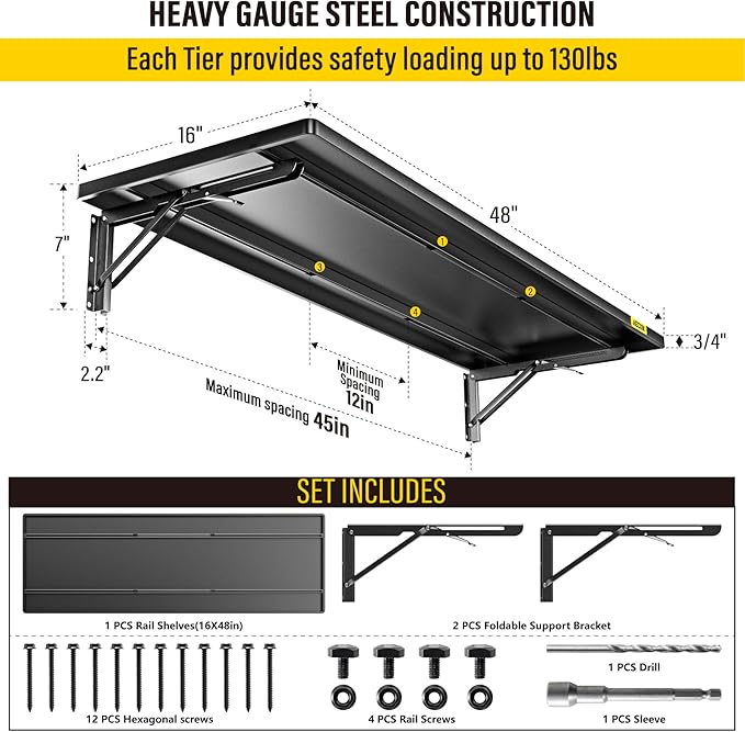 1.3x4ft Adjustable Rail Type Folding Storage Rack Shelf, Suitable for Garage, Storage Room, Kitchens Wall Shelf,Garage Storage Rack Floating Shelves, Wall Mounted Folding Table(1pcs-Black)