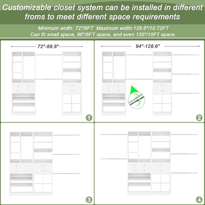 Closet System, Up to 128.6"/10.7 FT Closet Organizer with 4 Wooden Drawers and Shelves, Walk-in Closet System with 6 Hanging Rods, Built-in Closet Can Fit 96"/8FT, 120"/10FT, White