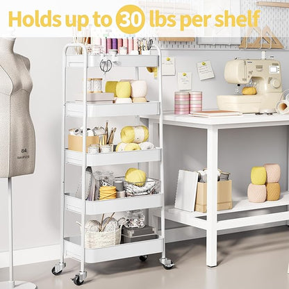 TOOLF 5-Tier Metal Rolling Cart with Wheels, Storage Utility Organizer Cart for Kitchen, Bathroom, Office, Baby Essentials & Makeup - Lockable Casters, Easy Assembly, Large Capacity, White