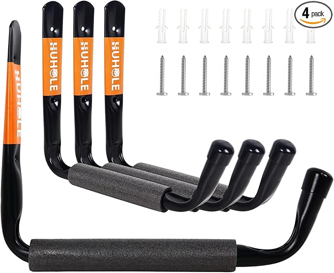 HUHOLE 4 Pack Garage Storage Hooks Heavy Duty–13.6" Extra Large Jumbo Arm Wall Mount Hangers for Kayak, Ladder, Canoe, Snowboard & Folding Chairs–70lbs Capacity Utility Organizer Rack (Black)