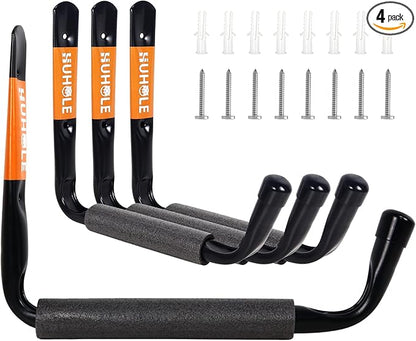 HUHOLE 4 Pack Garage Storage Hooks Heavy Duty–13.6" Extra Large Jumbo Arm Wall Mount Hangers for Kayak, Ladder, Canoe, Snowboard & Folding Chairs–70lbs Capacity Utility Organizer Rack (Black)