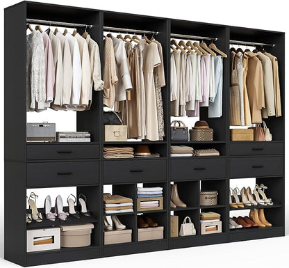 Unikito Closet System, 8.3FT Closet Organizer with 6 Wooden Drawers, Hanging Rods, Adjustable Shoe Rack and Cube Storage, Easy Assembly Wardrobe Tower, Set of 4, Black