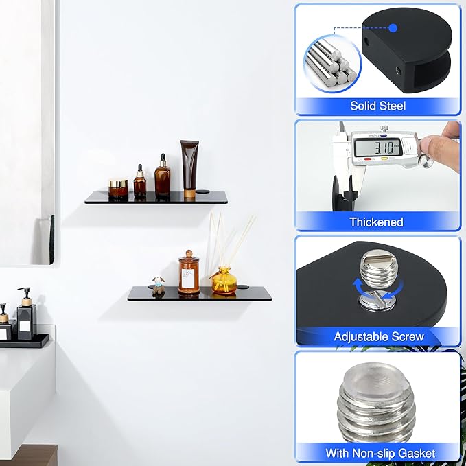 Alise Glass Shelf Bracket 4 Pcs,Clamp Brackets Wall Clamps for 8-12mm Thick Shelf,SUS304 Stainless Steel Clip Holder Support for Shower Room Wall-to-Glass,Wine Cabinet Board,Display Case,Black