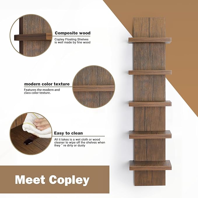 5 Tier Wall Shelves Brown, Vertical Column Shelf Floating Storage Home Decor Organizer Tall Tower Design Utility Shelving Bedroom Living Room