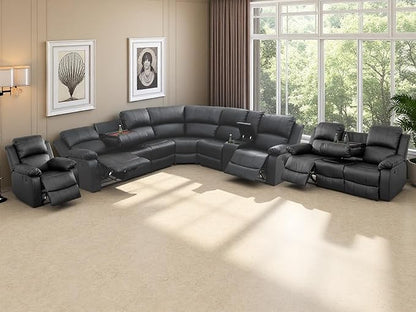 5 Pieces Living Room Furniture Sets, Reclining Sectional Sofa Set with Reclining Sofa and Chair, Black Leather Sectional Manual Recliner Couch with Drop-Down Table,Cup Holders,Storage Console