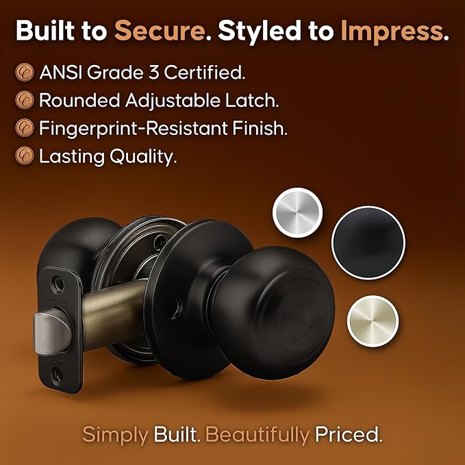 Copper Creek Colonial Privacy Interior Door Knob – ANSI Grade-3 Certified, Modern Heavy Duty Handle, Easy Install and Reversible for Bedroom, Bathroom and Closets – Matte Black (1 Pack)