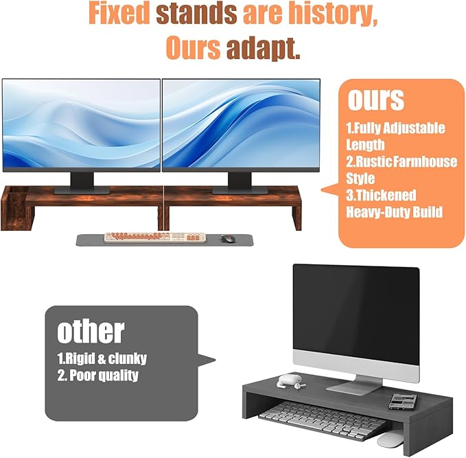 Wood Dual Monitor Stand Riser for Desk, 30" Long Monitor Riser with Pen Holders, Desktop Storage Organizer for 2 Monitors, Computer, Laptop, PC, Printer, TV, Rustic Brown (Dual)