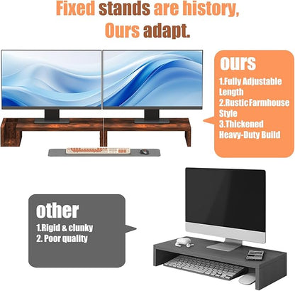 Wood Dual Monitor Stand Riser for Desk, 30" Long Monitor Riser with Pen Holders, Desktop Storage Organizer for 2 Monitors, Computer, Laptop, PC, Printer, TV, Rustic Brown (Dual)