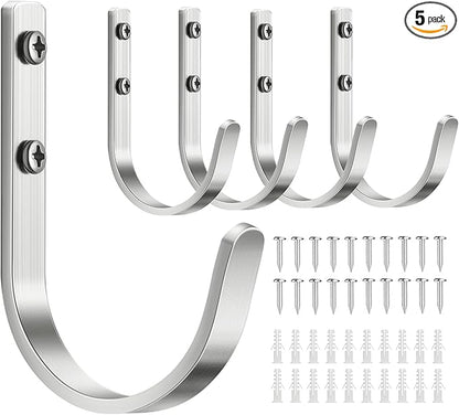 Aluminum Wall Hooks for Hanging Towel/Coat - 22LB Screw in Metal Hanger Wall Mount, for Outdoor, Closet, Door, Bathrooms, for Backpack, Robe, Silver 5 Pack