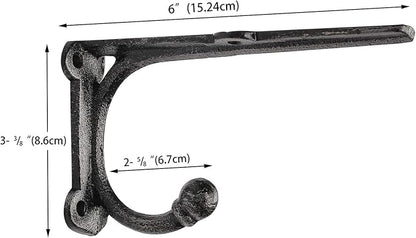 Shelf Brackets with Hooks 6 Inch, Heavy Duty Floating Shelf Bracket, Cast Iron Shelving Brackets for DIY Wall Shelves, Rustic Shelf Brackets, 2 Pack