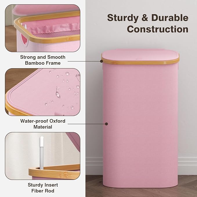 100L Laundry Hamper with Lid, Large Laundry Basket with Bamboo Handles, Clothes Hampers for Laundry with Removable Bag, Dirty Clothes Hampers for Bedroom Aesthetic, Pink
