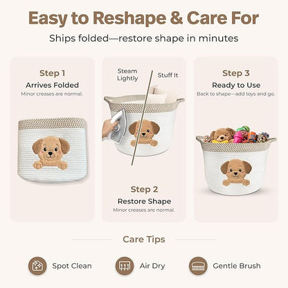 Golden Retriever/Labrador Dog Toy Basket, 15x11 Inch Woven Cotton Rope Storage Bin with Puppy Patch, Large Pet Organizer for Toys, Blankets, Leashes, Living Room Decor (Beige/White)