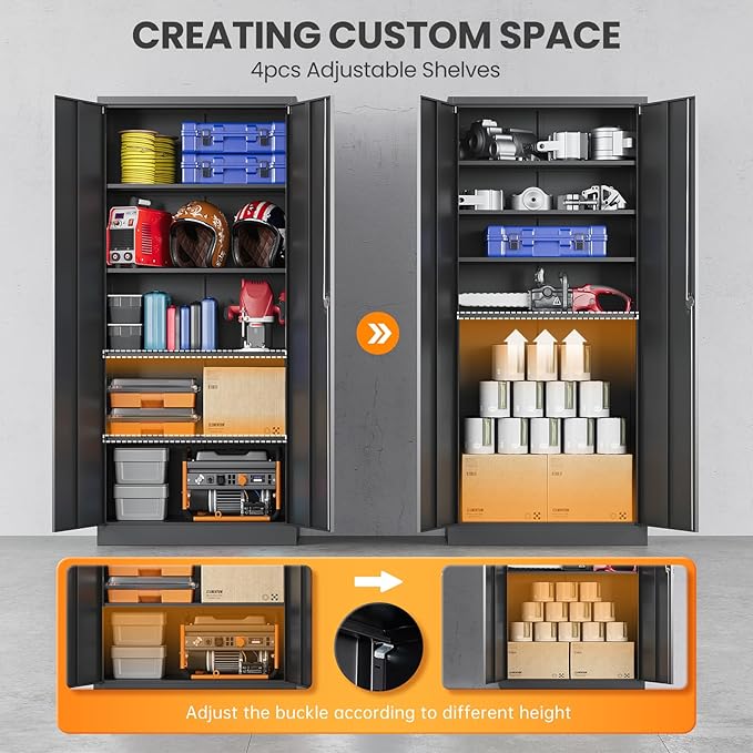 Metal Garage Storage Cabinets with Lock, 72" Tall Tool Cabinet with 2 Door and 4 Adjustable Shelves, Locking Garage Cabinets and Lockable Steel Locker for Home Office Warehouse - (Black-72”H)