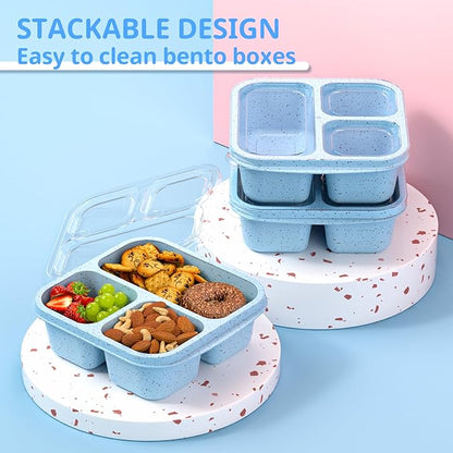 Snack Boxes (3 Pack) - Stackable Bento Boxes with 3 Compartments, Meal Prep Containers Reusable, Lightweight Lunch Containers for Kids and Adults, BPA Free (Blue)