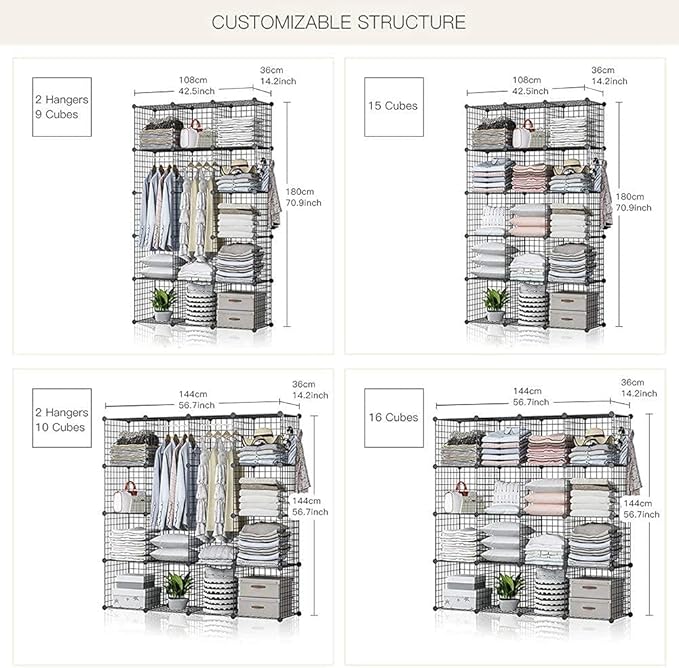 YOZO Wire Cube Storage Metal Closet Wardrobe Room Organizaion armoire Pantry Cabinet Book Shelf Organizer Rack MultiFuncation Cubby Shelving Unit, 16 Cubes, Black