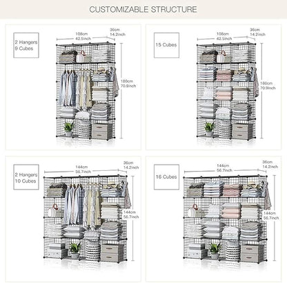 YOZO Wire Cube Storage Metal Closet Wardrobe Room Organizaion armoire Pantry Cabinet Book Shelf Organizer Rack MultiFuncation Cubby Shelving Unit, 16 Cubes, Black