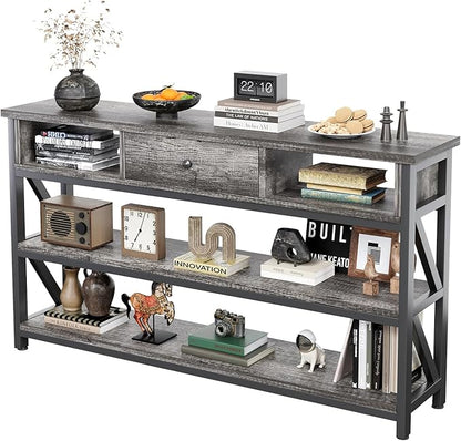 Mexin 47 Inch Console Sofa Table with Drawer, Industrial Entryway Table with Storage Shelves, Storage Organizer for Hallway Living Room Couch Foyer Kitchen Counter, Grey Oak