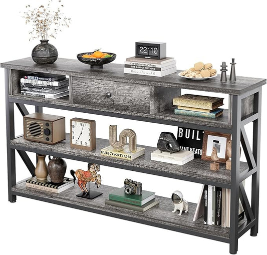 Mexin 47 Inch Console Sofa Table with Drawer, Industrial Entryway Table with Storage Shelves, Storage Organizer for Hallway Living Room Couch Foyer Kitchen Counter, Grey Oak
