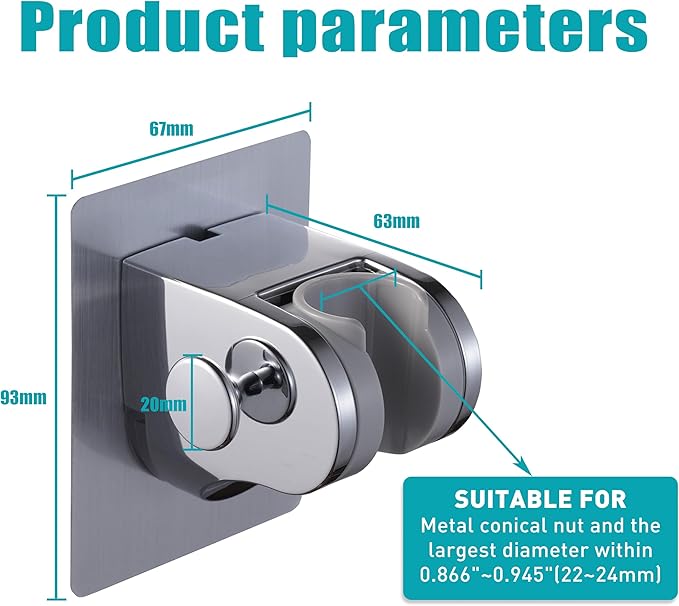 Handheld Shower Head Holder with 2 Hanger Hooks,Strong Adhesive&Waterproof No Drilling Wall Mount Shower Bracket for RV and Kids&Elders,Install Any Height&Fix Firmly