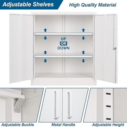 Metal Storage Cabinet with Lock, 36" Small Steel Locker Storage Cabinets, 2 Adjustable Shelves 2 Doors for Home, Office, Garage and Kitchen (White)