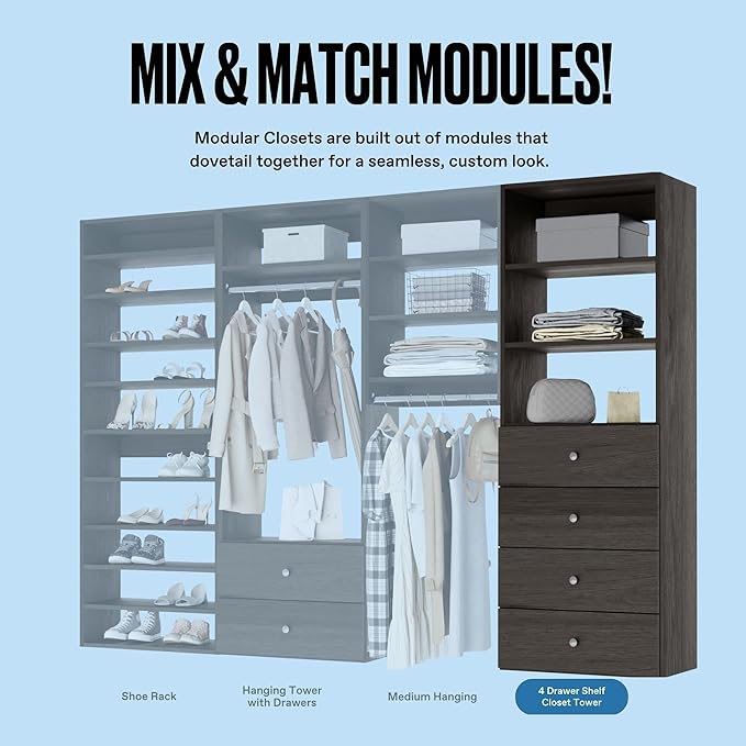 Closet Shelves Tower - Modular System With Drawers (4) - Corner Organizer and Storage Shelves (Gray, 19.5 Inches Wide)