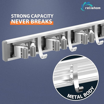 reliahom Broom Holder Wall Mount, 5 Racks with 4 Hooks Silver - Mop Storage Tool Racks, Broom Hanger Tool Organizer for Garage, Kitchen, Garden, Laundry Room
