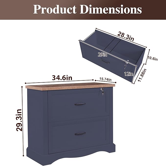 34.6" Farmhouse File Cabinet,Wood File Cabinet with Hanging File Folders,Top Drawer Lockable,Lateral Filing Cabinet for Home Office Compatible with Letter/Legal/A4 Size (2)