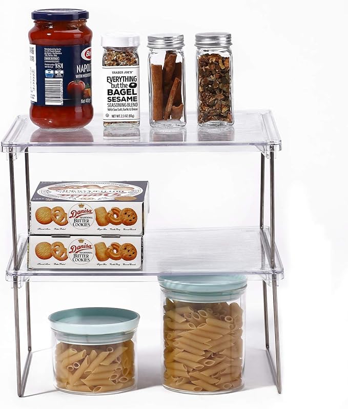 IVYHOME Pantry Organizer, Cabinet Storage Shelf Rack, Stackable Kitchen Cabinet, Foldable Countertop Shelf Organizer, 2 Pack