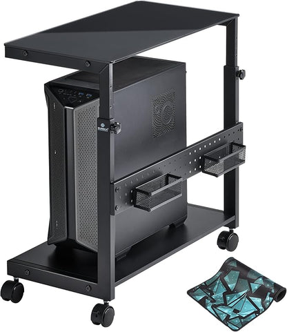 EUREKA ERGONOMIC PC Stand Computer Cart Frosted Glass, Height Adjustable Tower Stand 2-Tier Suit for ATX Case Printer, Metal Rolling Cart on Wheels for Gaming Home Office, Black
